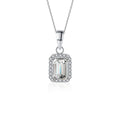 Emerald Cut Moissanite Halo Necklace with CZ in White Gold-Plated S925 sterling silver white background product photo showing emerald-cut moissanite halo pendant with CZ detail in a slim vertical setting