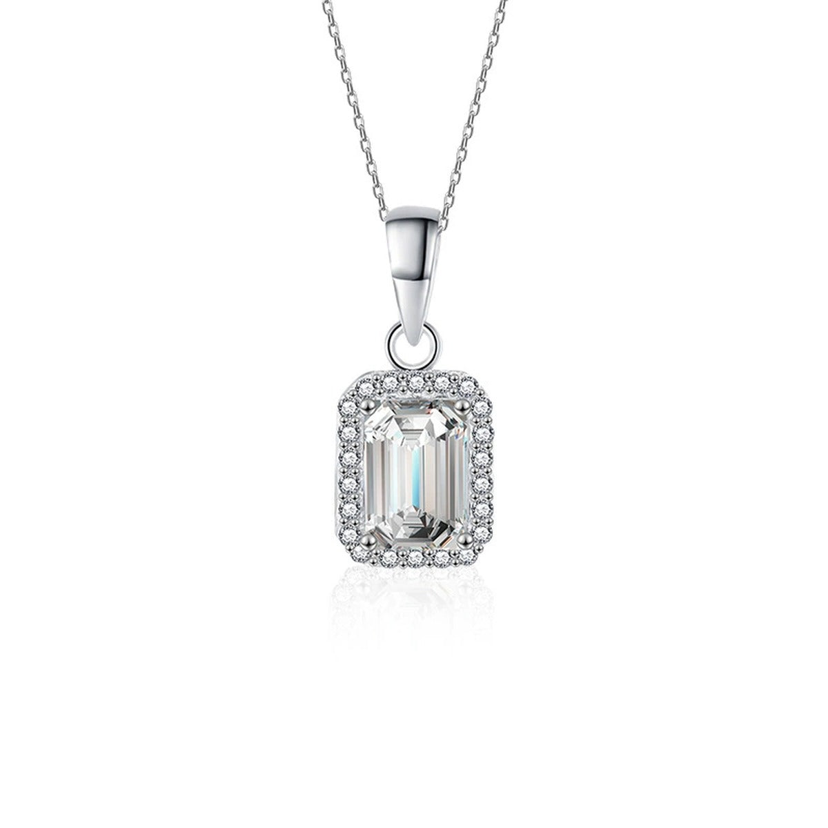 Emerald Cut Moissanite Halo Necklace with CZ in White Gold-Plated S925 sterling silver white background product photo showing emerald-cut moissanite halo pendant with CZ detail in a slim vertical setting