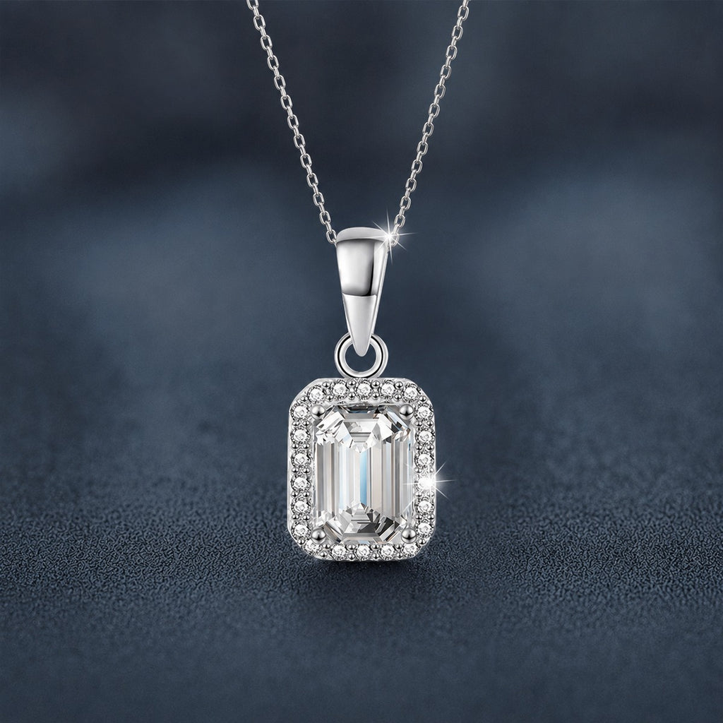Emerald Cut Moissanite Halo Necklace with CZ in White Gold-Plated S925 sterling silver close-up product scene showing pendant setting