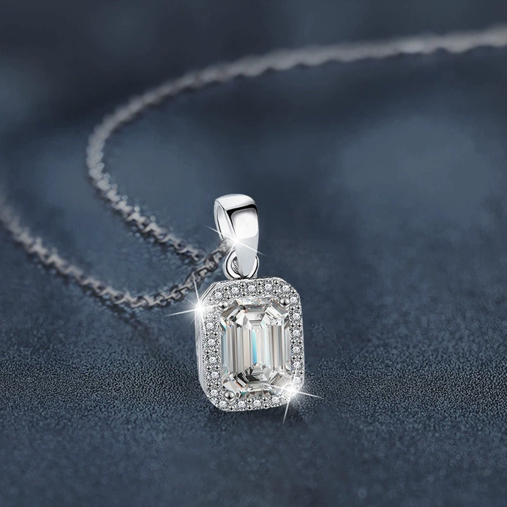 Emerald Cut Moissanite Halo Necklace with CZ in White Gold-Plated S925 sterling silver blue display scene showing chain and stone layout