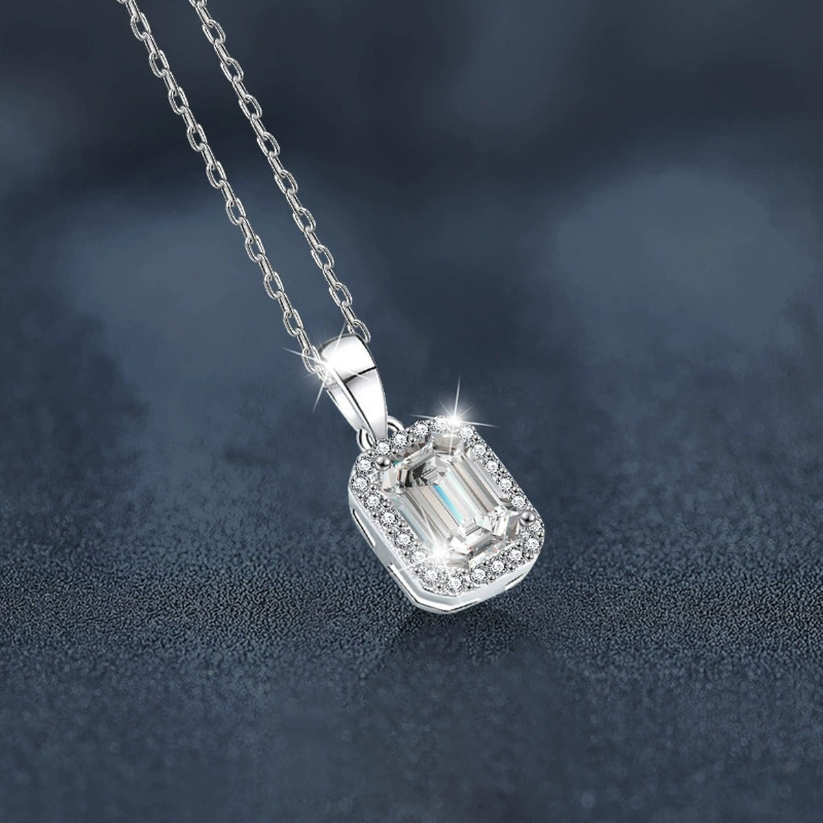 Emerald Cut Moissanite Halo Necklace with CZ in White Gold-Plated S925 sterling silver angled product detail view