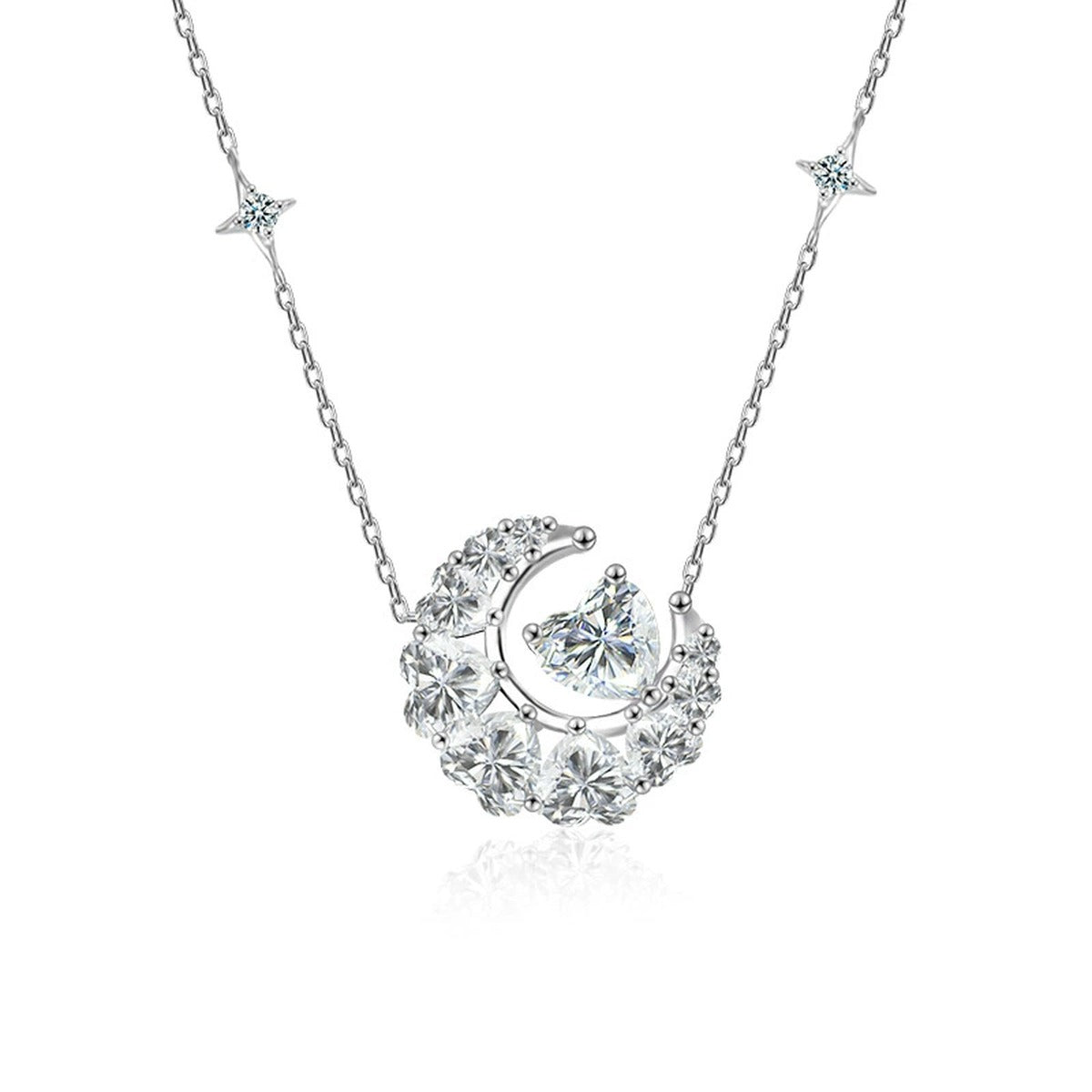 Moon Heart Cut Moissanite Necklace with CZ in White Gold-Plated S925 sterling silver white background product photo showing moon and heart pendant with a 5x5mm heart-cut moissanite and CZ accents