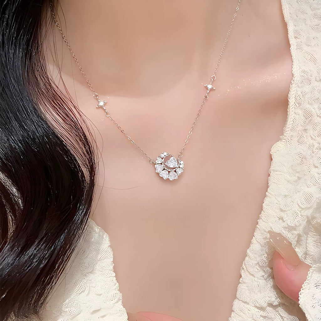 Moon Heart Cut Moissanite Necklace with CZ in White Gold-Plated S925 sterling silver neckline model view showing pendant scale and chain length