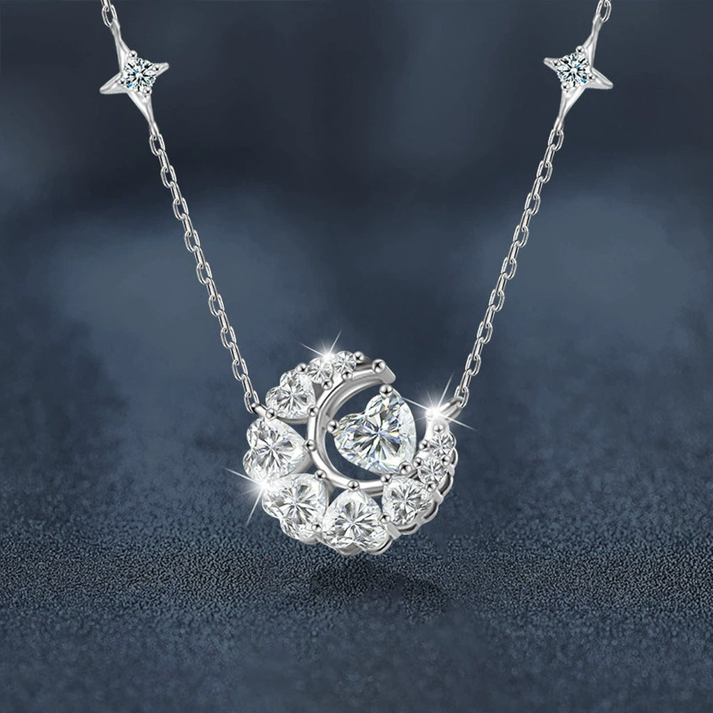 Moon Heart Cut Moissanite Necklace with CZ in White Gold-Plated S925 sterling silver blue display scene showing chain and stone layout