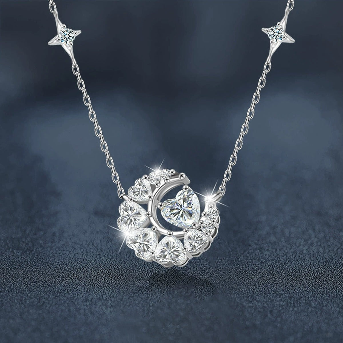 Moon Heart Cut Moissanite Necklace with CZ in White Gold-Plated S925 sterling silver blue display scene showing chain and stone layout