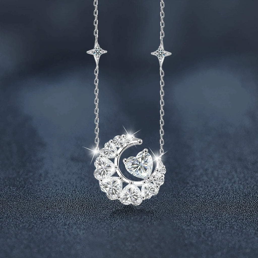 Moon Heart Cut Moissanite Necklace with CZ in White Gold-Plated S925 sterling silver angled product detail view