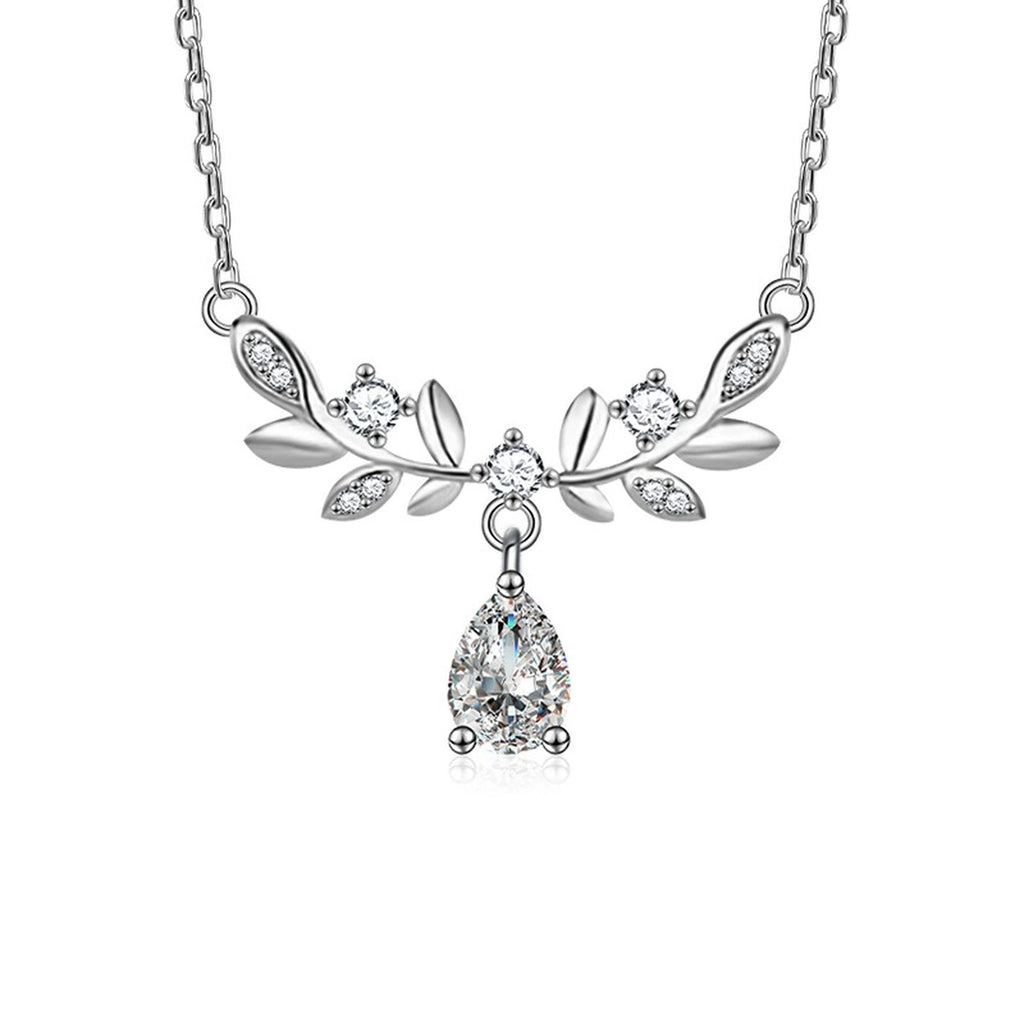 Wheat Pear Cut Moissanite Necklace with CZ in White Gold-Plated S925 sterling silver white background product photo showing wheat-inspired pendant with a 0.8 ct pear-cut moissanite and CZ accents