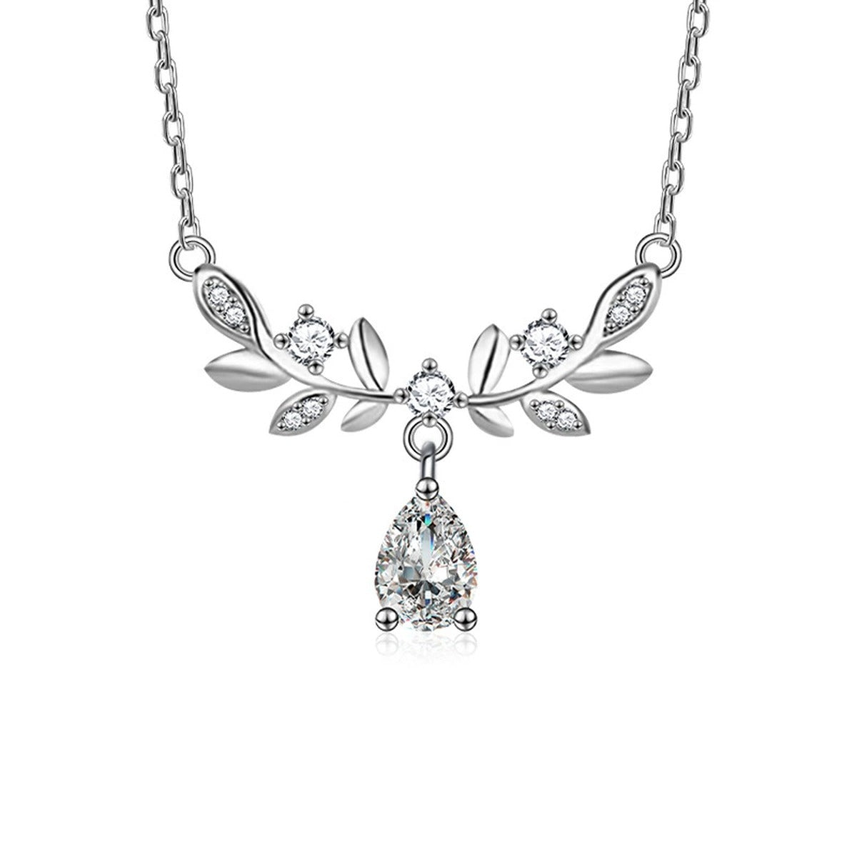 Wheat Pear Cut Moissanite Necklace with CZ in White Gold-Plated S925 sterling silver white background product photo showing wheat-inspired pendant with a 0.8 ct pear-cut moissanite and CZ accents