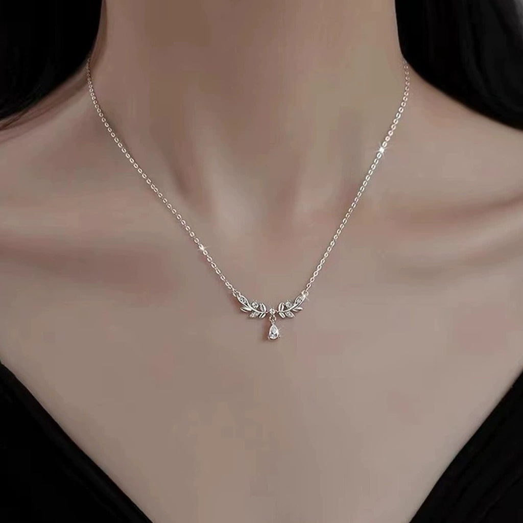 Wheat Pear Cut Moissanite Necklace with CZ in White Gold-Plated S925 sterling silver neckline model view showing pendant scale and chain length