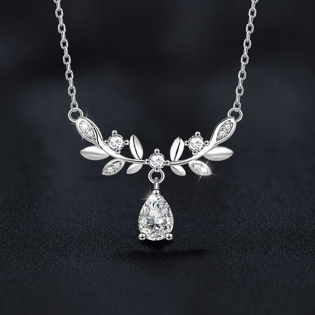 Wheat Pear Cut Moissanite Necklace with CZ in White Gold-Plated S925 sterling silver close-up product scene showing pendant setting