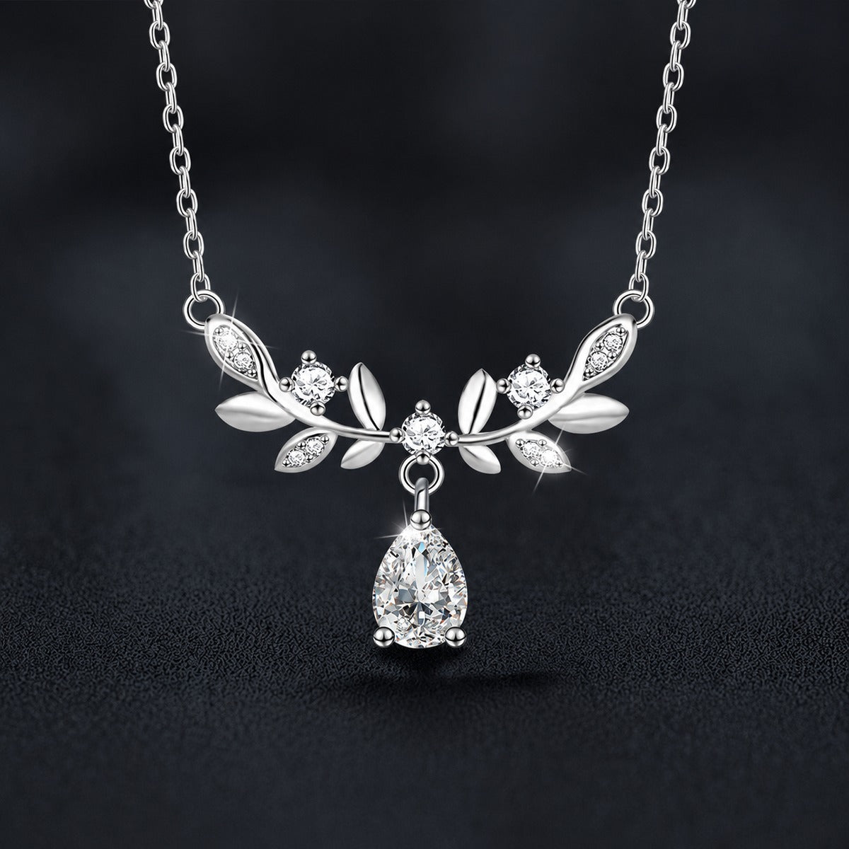 Wheat Pear Cut Moissanite Necklace with CZ in White Gold-Plated S925 sterling silver close-up product scene showing pendant setting