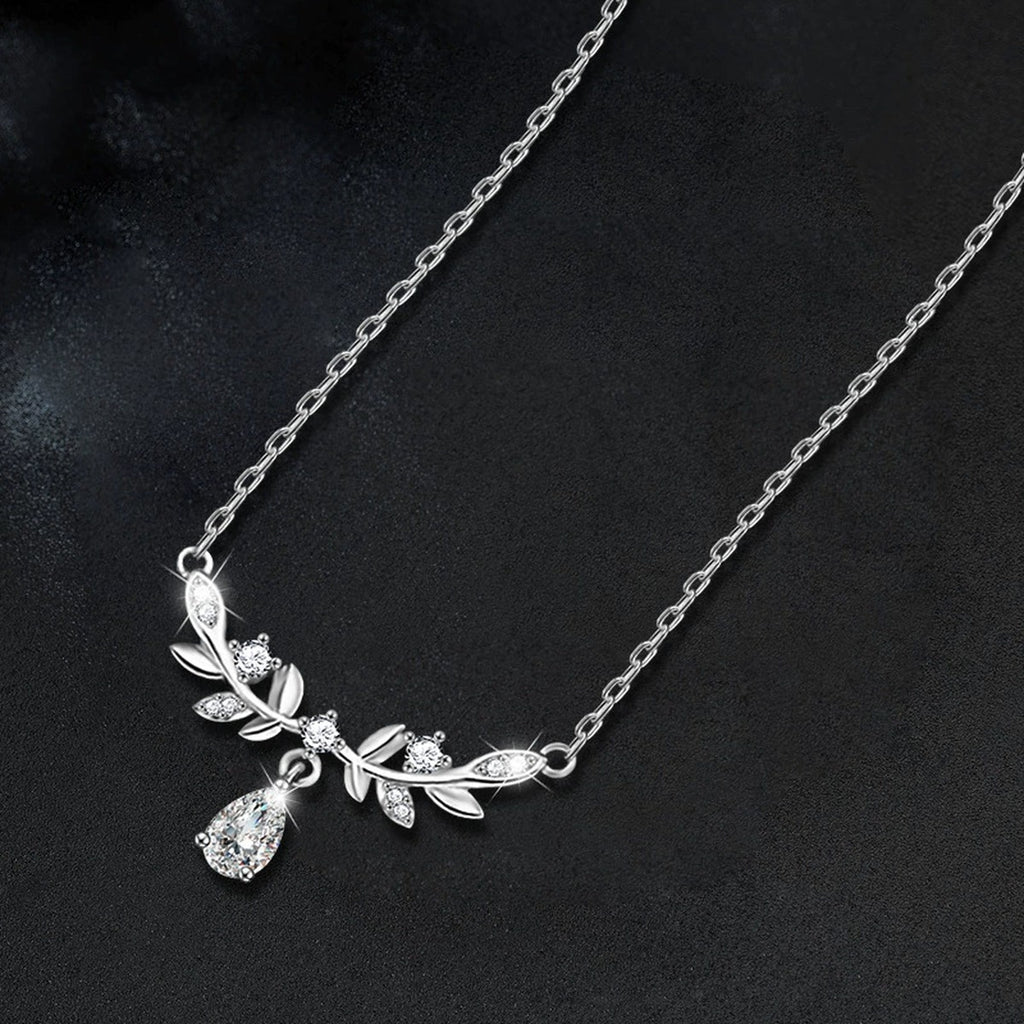 Wheat Pear Cut Moissanite Necklace with CZ in White Gold-Plated S925 sterling silver blue display scene showing chain and stone layout
