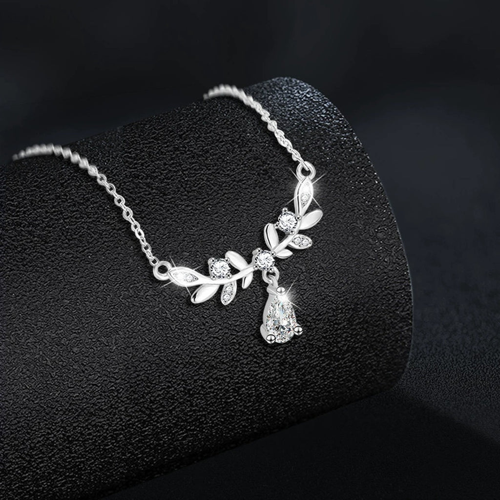 Wheat Pear Cut Moissanite Necklace with CZ in White Gold-Plated S925 sterling silver angled product detail view