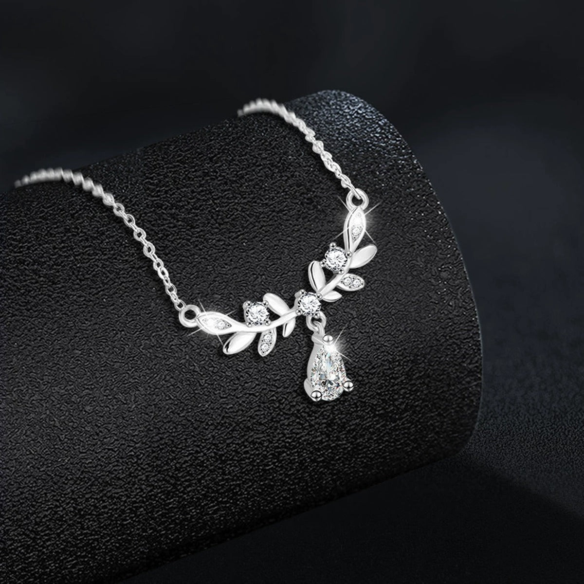 Wheat Pear Cut Moissanite Necklace with CZ in White Gold-Plated S925 sterling silver angled product detail view