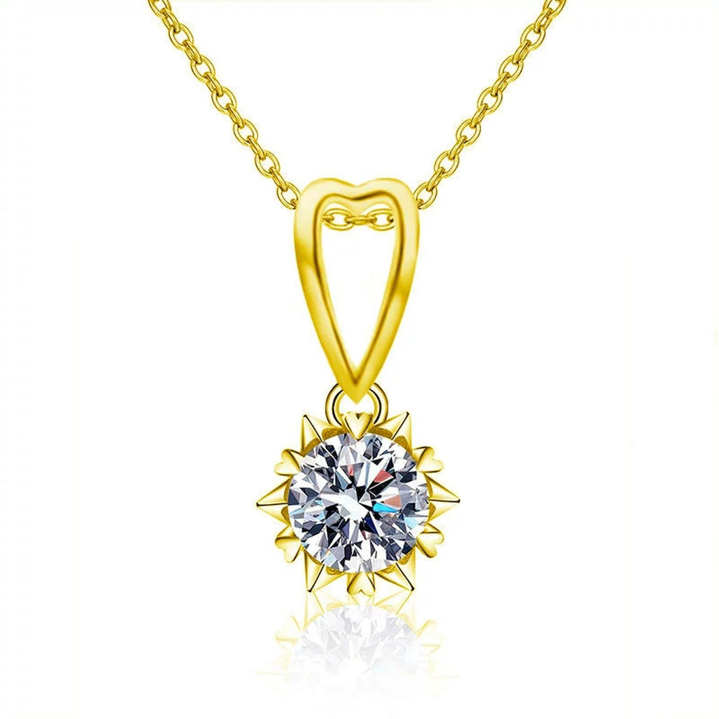 Snowflake Heart Round Moissanite Necklace in Gold-Plated S925 sterling silver white background product photo showing snowflake and heart solitaire pendant with a 1 ct round moissanite in yellow and white gold-plated finishes