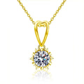 Snowflake Heart Round Moissanite Necklace in Gold-Plated S925 sterling silver white background product photo showing snowflake and heart solitaire pendant with a 1 ct round moissanite in yellow and white gold-plated finishes