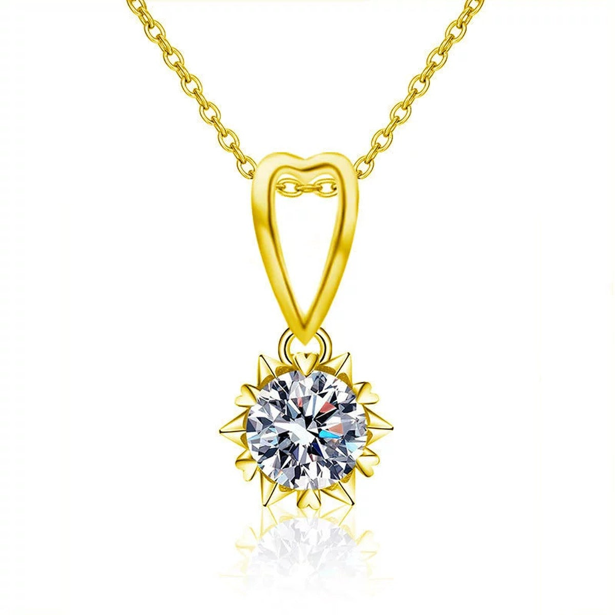 Snowflake Heart Round Moissanite Necklace in Gold-Plated S925 sterling silver white background product photo showing snowflake and heart solitaire pendant with a 1 ct round moissanite in yellow and white gold-plated finishes
