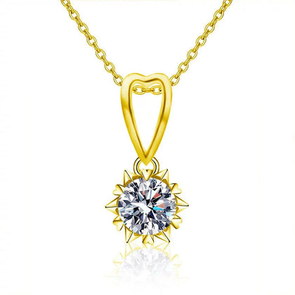 Snowflake Heart Round Moissanite Necklace in Gold-Plated S925 sterling silver white background product photo showing snowflake and heart solitaire pendant with a 1 ct round moissanite in yellow and white gold-plated finishes
