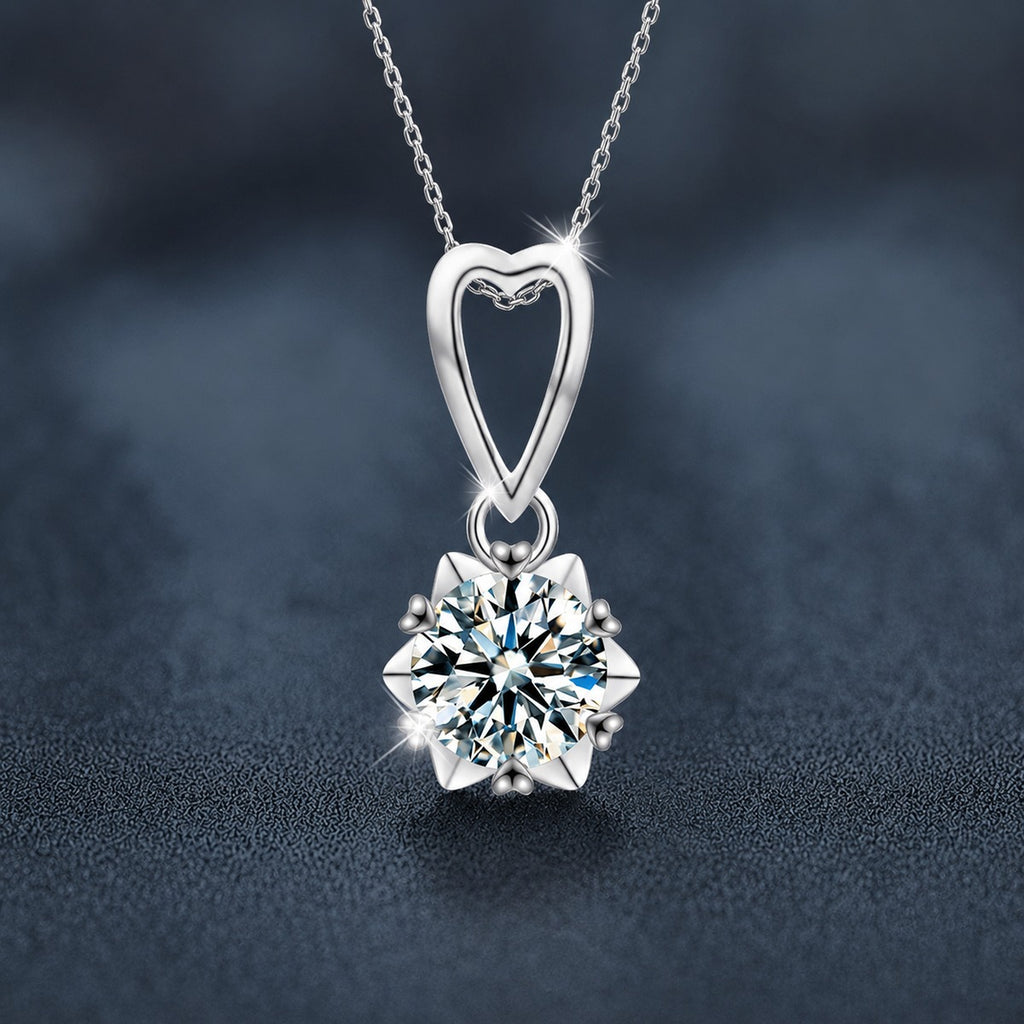 Snowflake Heart Round Moissanite Necklace in Gold-Plated S925 sterling silver close-up product scene showing pendant setting