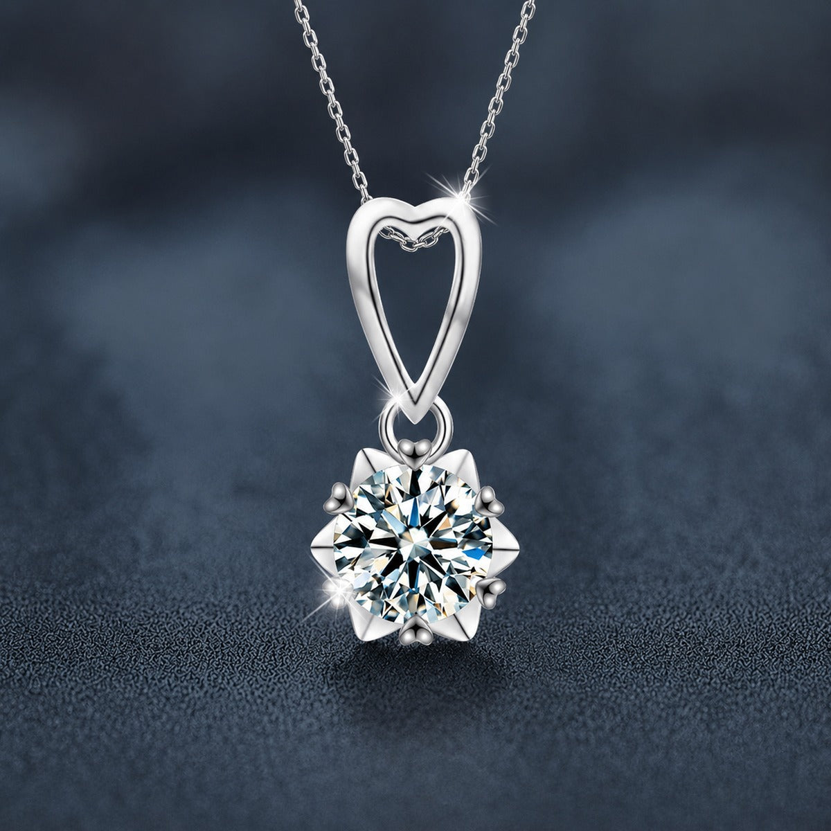 Snowflake Heart Round Moissanite Necklace in Gold-Plated S925 sterling silver close-up product scene showing pendant setting