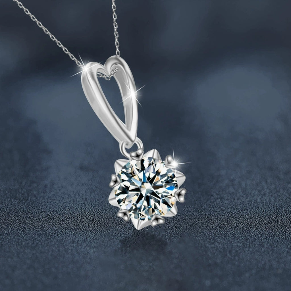 Snowflake Heart Round Moissanite Necklace in Gold-Plated S925 sterling silver blue display scene showing chain and stone layout