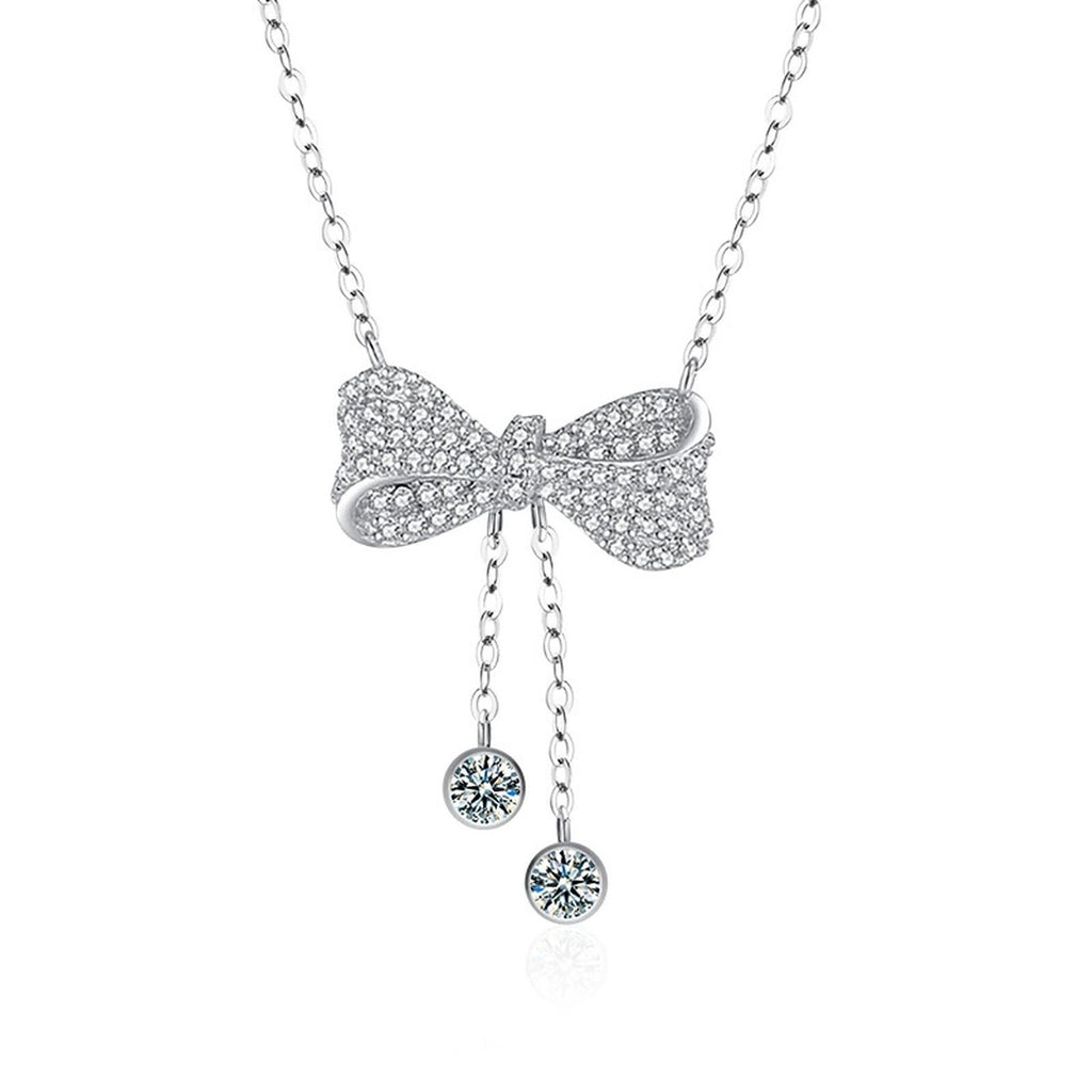 Bowknot Tassel Moissanite Necklace with CZ in White Gold-Plated S925 sterling silver white background product photo showing bowknot pendant with tassel drop and small round moissanite accents