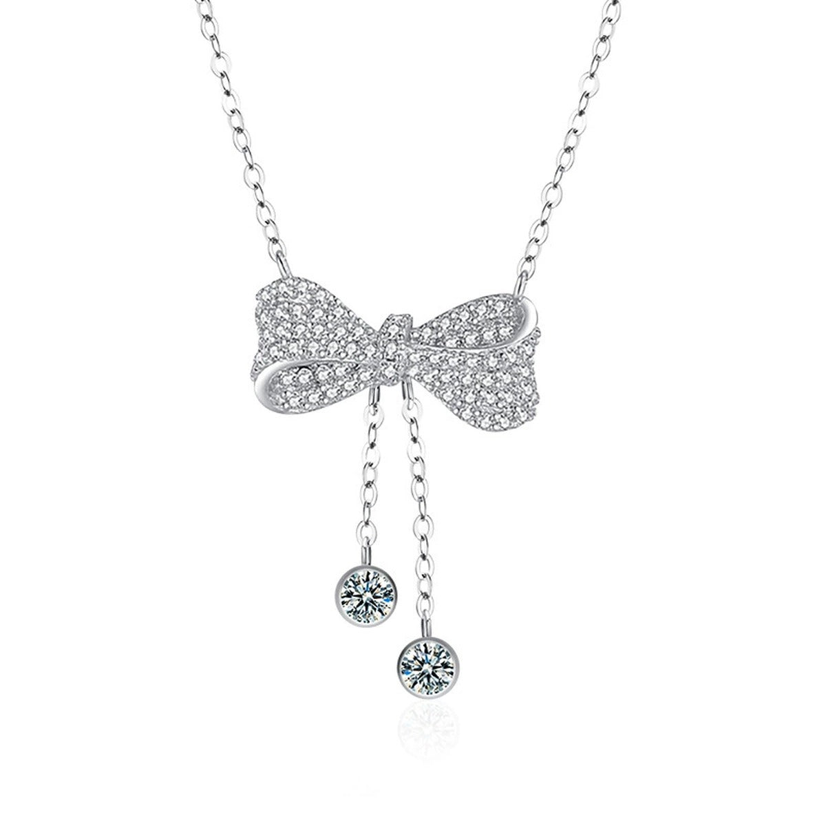 Bowknot Tassel Moissanite Necklace with CZ in White Gold-Plated S925 sterling silver white background product photo showing bowknot pendant with tassel drop and small round moissanite accents