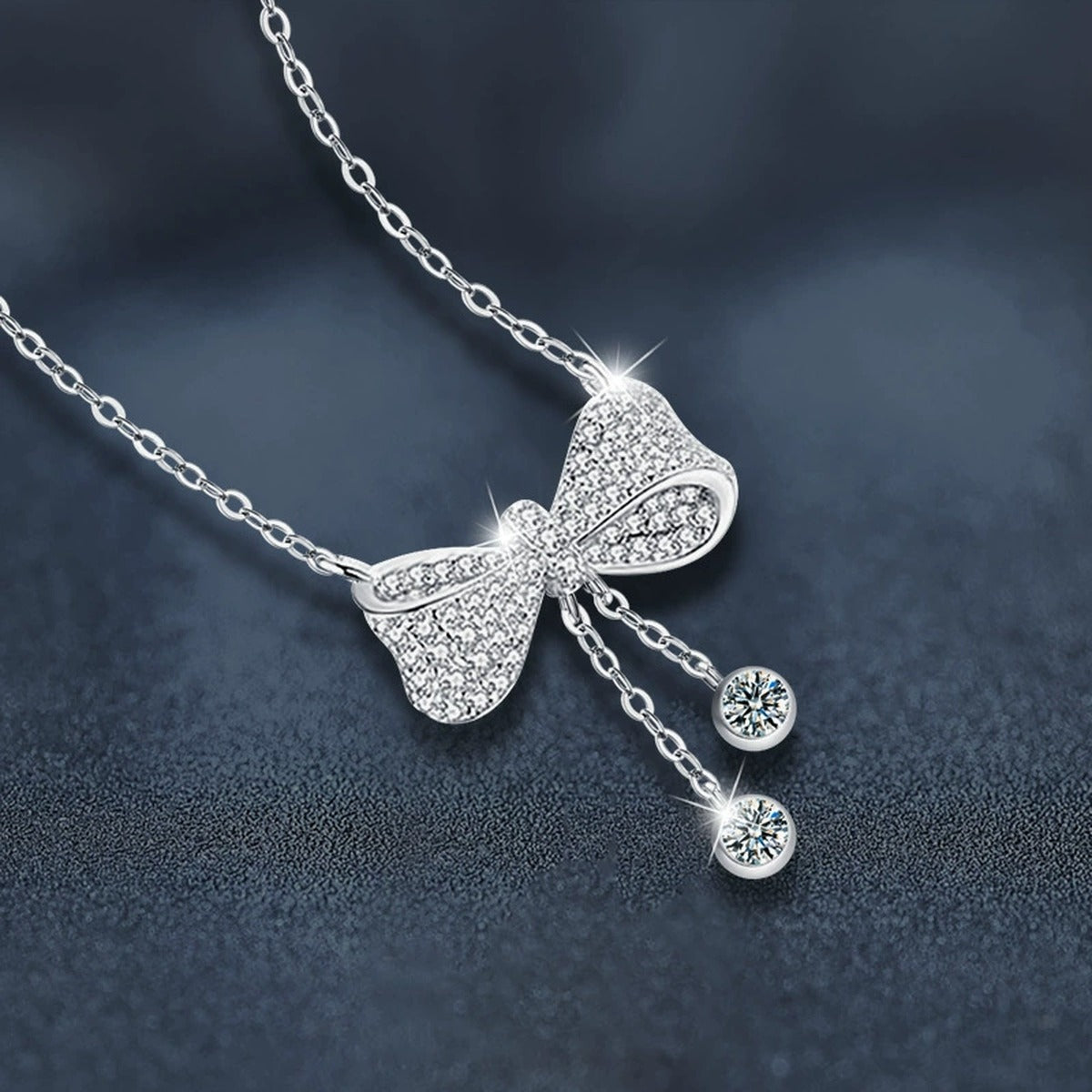 Bowknot Tassel Moissanite Necklace with CZ in White Gold-Plated S925 sterling silver angled product detail view