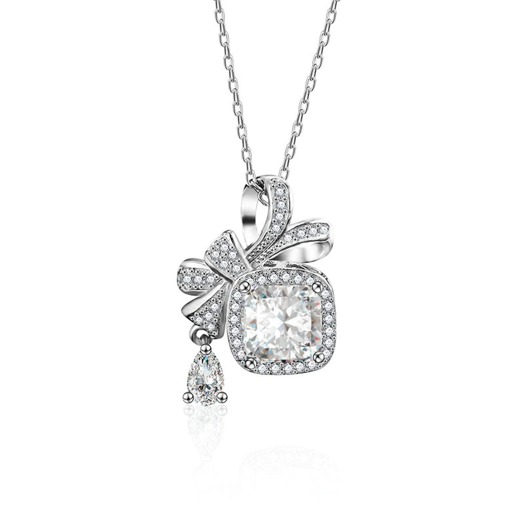 Bowknot Cushion Cut Moissanite Necklace with CZ in White Gold-Plated S925 sterling silver white background product photo showing bowknot and sugar-cube pendant with a 1.5 ct cushion-cut moissanite and CZ accents