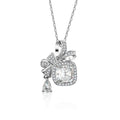 Bowknot Cushion Cut Moissanite Necklace with CZ in White Gold-Plated S925 sterling silver white background product photo showing bowknot and sugar-cube pendant with a 1.5 ct cushion-cut moissanite and CZ accents