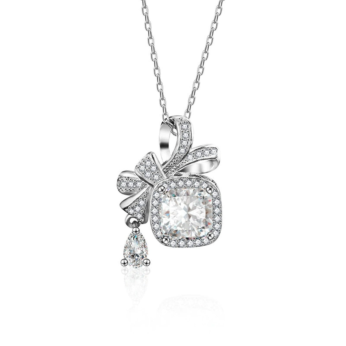 Bowknot Cushion Cut Moissanite Necklace with CZ in White Gold-Plated S925 sterling silver white background product photo showing bowknot and sugar-cube pendant with a 1.5 ct cushion-cut moissanite and CZ accents