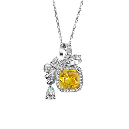 Bowknot Cushion Cut Moissanite Necklace with CZ in White Gold-Plated S925 sterling silver white background product photo showing bowknot and sugar-cube pendant with a 1.5 ct cushion-cut moissanite and CZ accents