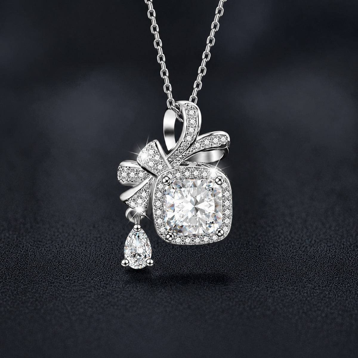 Bowknot Cushion Cut Moissanite Necklace with CZ in White Gold-Plated S925 sterling silver close-up product scene showing pendant setting