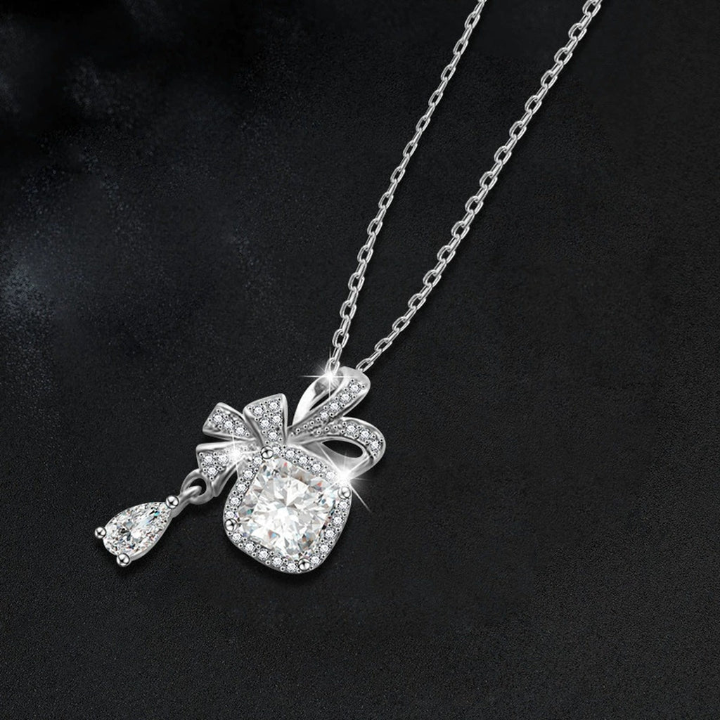 Bowknot Cushion Cut Moissanite Necklace with CZ in White Gold-Plated S925 sterling silver angled product detail view