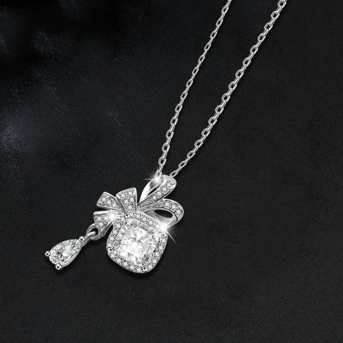 Bowknot Cushion Cut Moissanite Necklace with CZ in White Gold-Plated S925 sterling silver angled product detail view