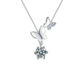 Butterfly Round Moissanite Necklace with CZ in White Gold-Plated S925 sterling silver white background product photo showing butterfly pendant with a 1 ct round moissanite and CZ accents