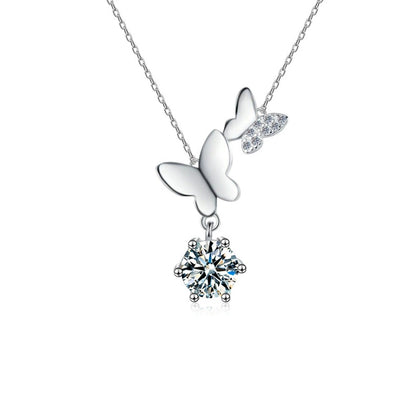 Butterfly Round Moissanite Necklace with CZ in White Gold-Plated S925 sterling silver white background product photo showing butterfly pendant with a 1 ct round moissanite and CZ accents
