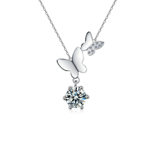 Butterfly Round Moissanite Necklace with CZ in White Gold-Plated S925 sterling silver white background product photo showing butterfly pendant with a 1 ct round moissanite and CZ accents
