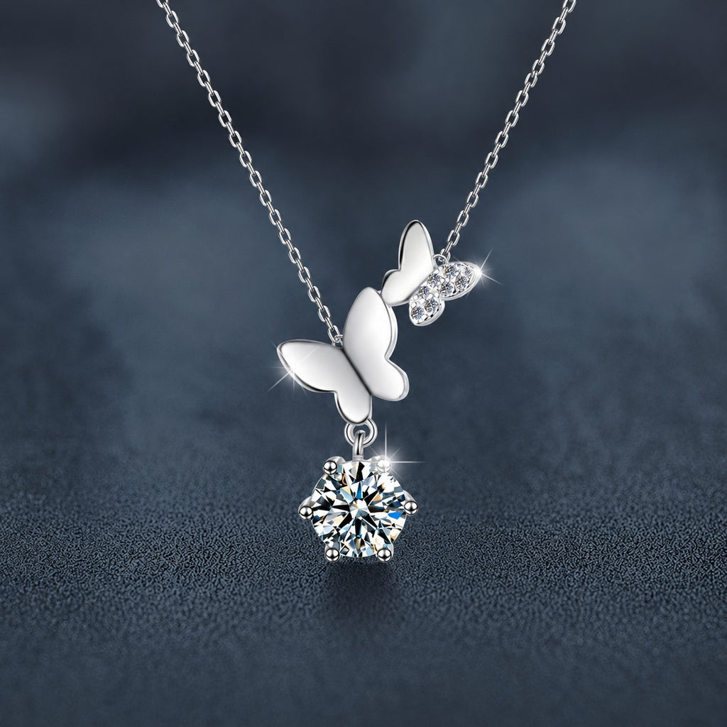 Butterfly Round Moissanite Necklace with CZ in White Gold-Plated S925 sterling silver close-up product scene showing pendant setting