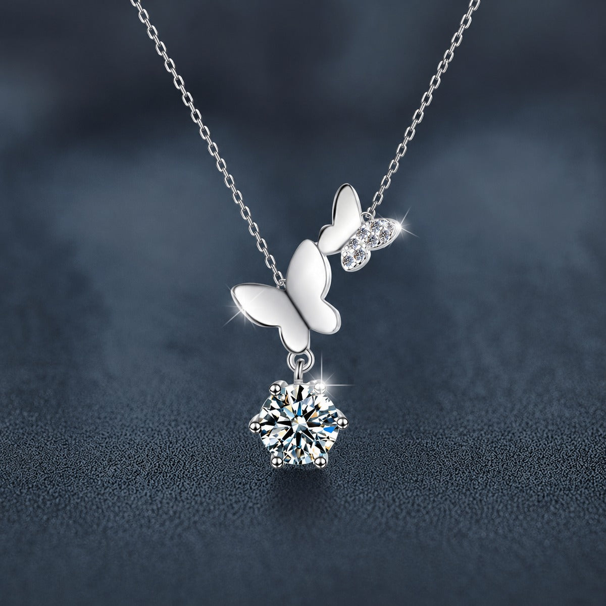 Butterfly Round Moissanite Necklace with CZ in White Gold-Plated S925 sterling silver close-up product scene showing pendant setting