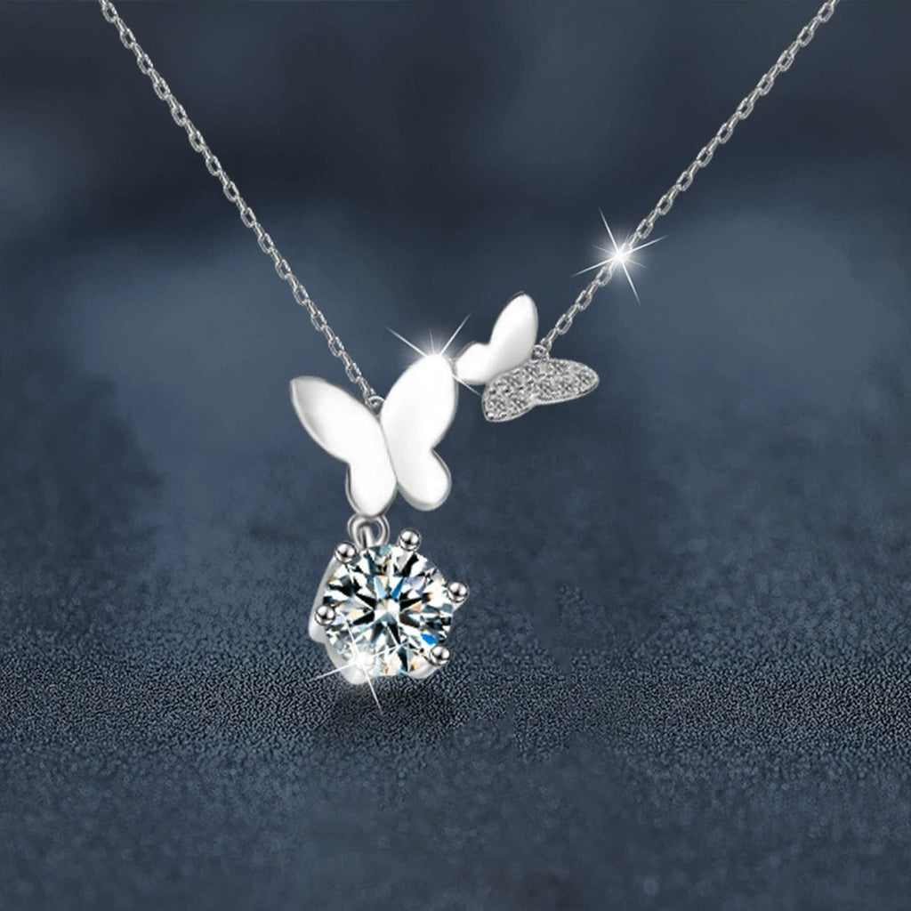 Butterfly Round Moissanite Necklace with CZ in White Gold-Plated S925 sterling silver blue display scene showing chain and stone layout