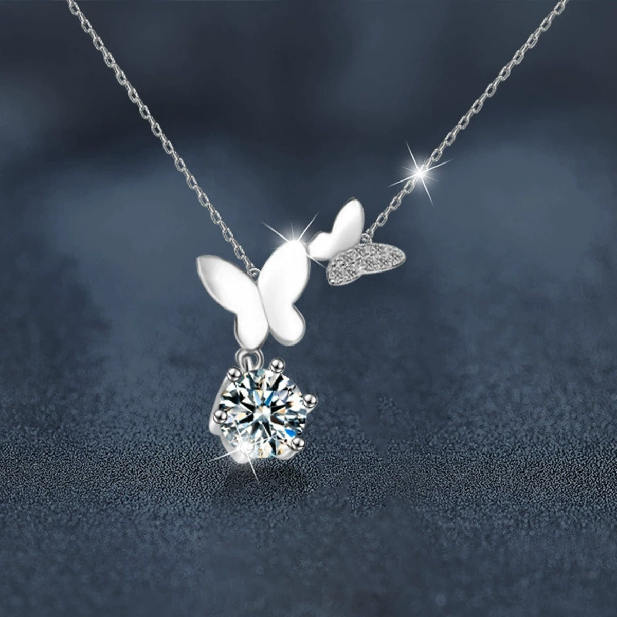 Butterfly Round Moissanite Necklace with CZ in White Gold-Plated S925 sterling silver blue display scene showing chain and stone layout