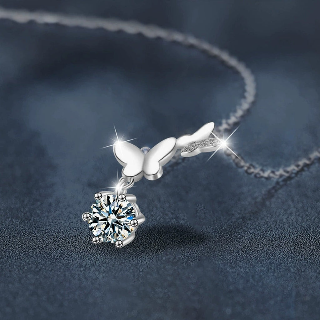 Butterfly Round Moissanite Necklace with CZ in White Gold-Plated S925 sterling silver angled product detail view