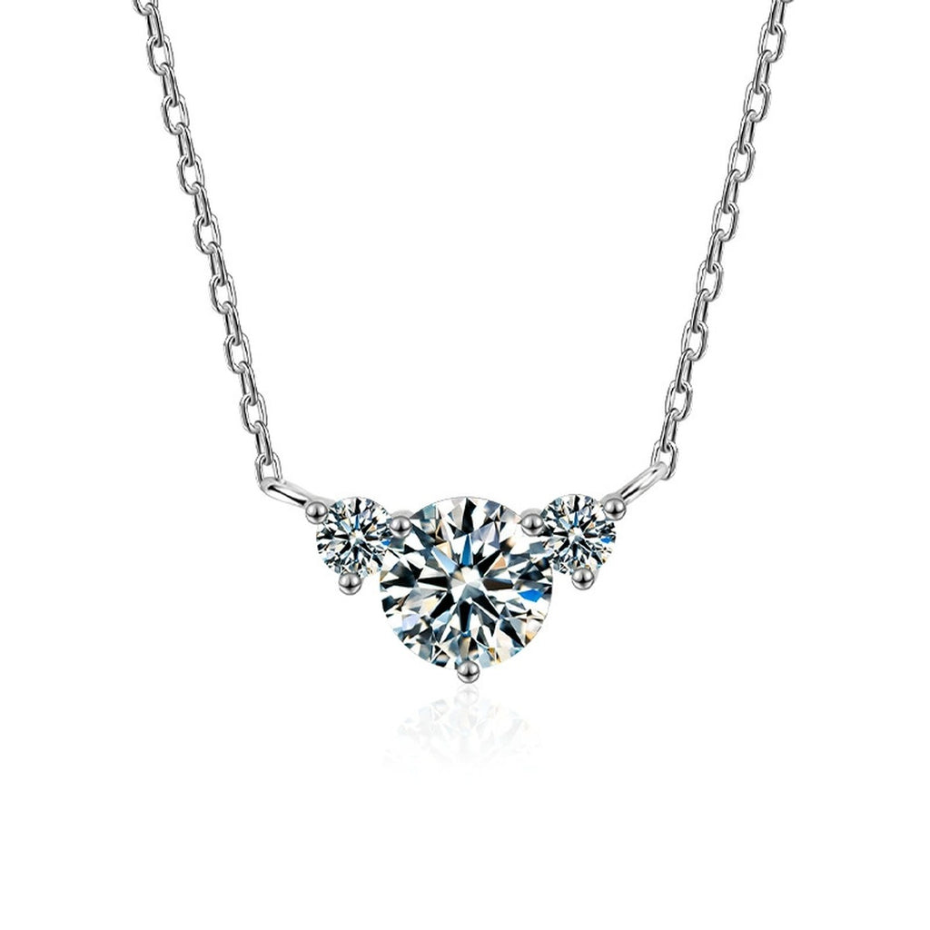 Chevron Round Moissanite Necklace with CZ in White Gold-Plated S925 sterling silver white background product photo showing chevron fan pendant with a 1 ct round moissanite and CZ accents