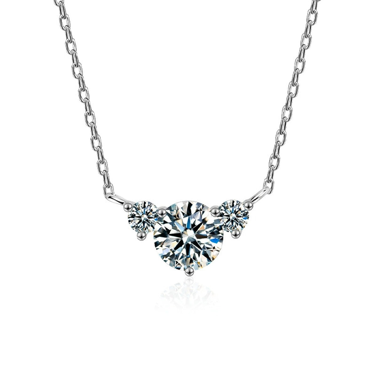 Chevron Round Moissanite Necklace with CZ in White Gold-Plated S925 sterling silver white background product photo showing chevron fan pendant with a 1 ct round moissanite and CZ accents