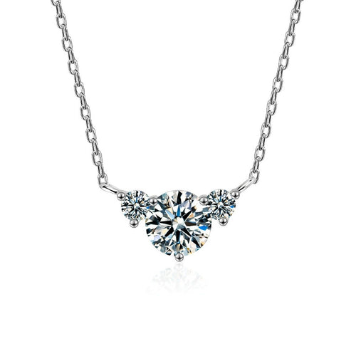 Chevron Round Moissanite Necklace with CZ in White Gold-Plated S925 sterling silver white background product photo showing chevron fan pendant with a 1 ct round moissanite and CZ accents