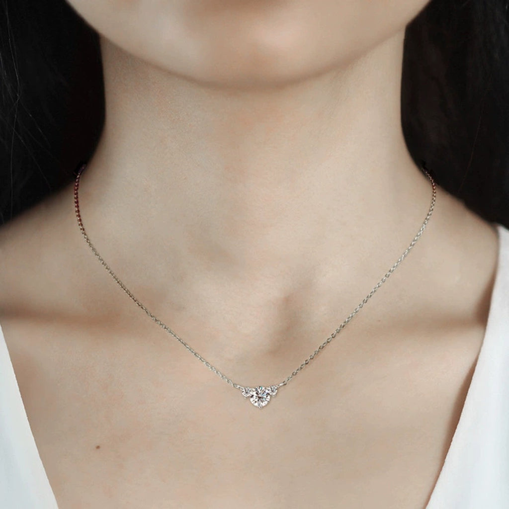 Chevron Round Moissanite Necklace with CZ in White Gold-Plated S925 sterling silver neckline model view showing pendant scale and chain length