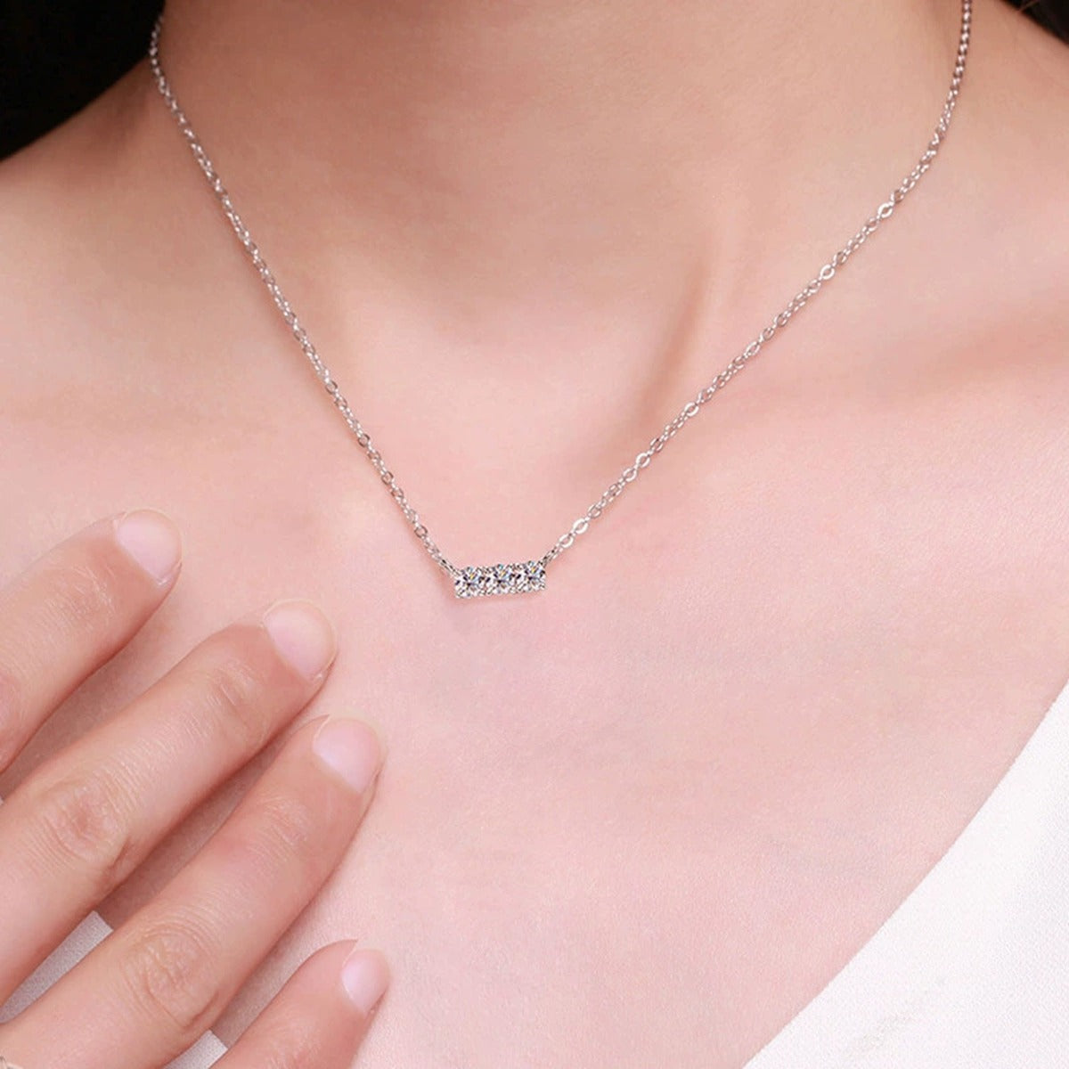 Horizontal Three-Stone Moissanite Bar Necklace in Gold-Plated S925 sterling silver neckline model view showing pendant scale and chain length