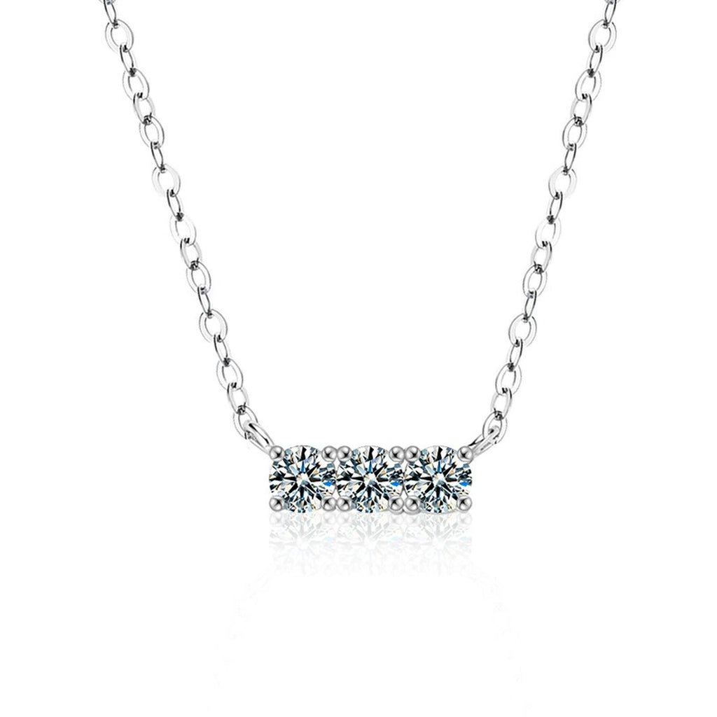 Horizontal Three-Stone Moissanite Bar Necklace in Gold-Plated S925 sterling silver white background product photo showing horizontal three-stone bar necklace with round moissanite accents