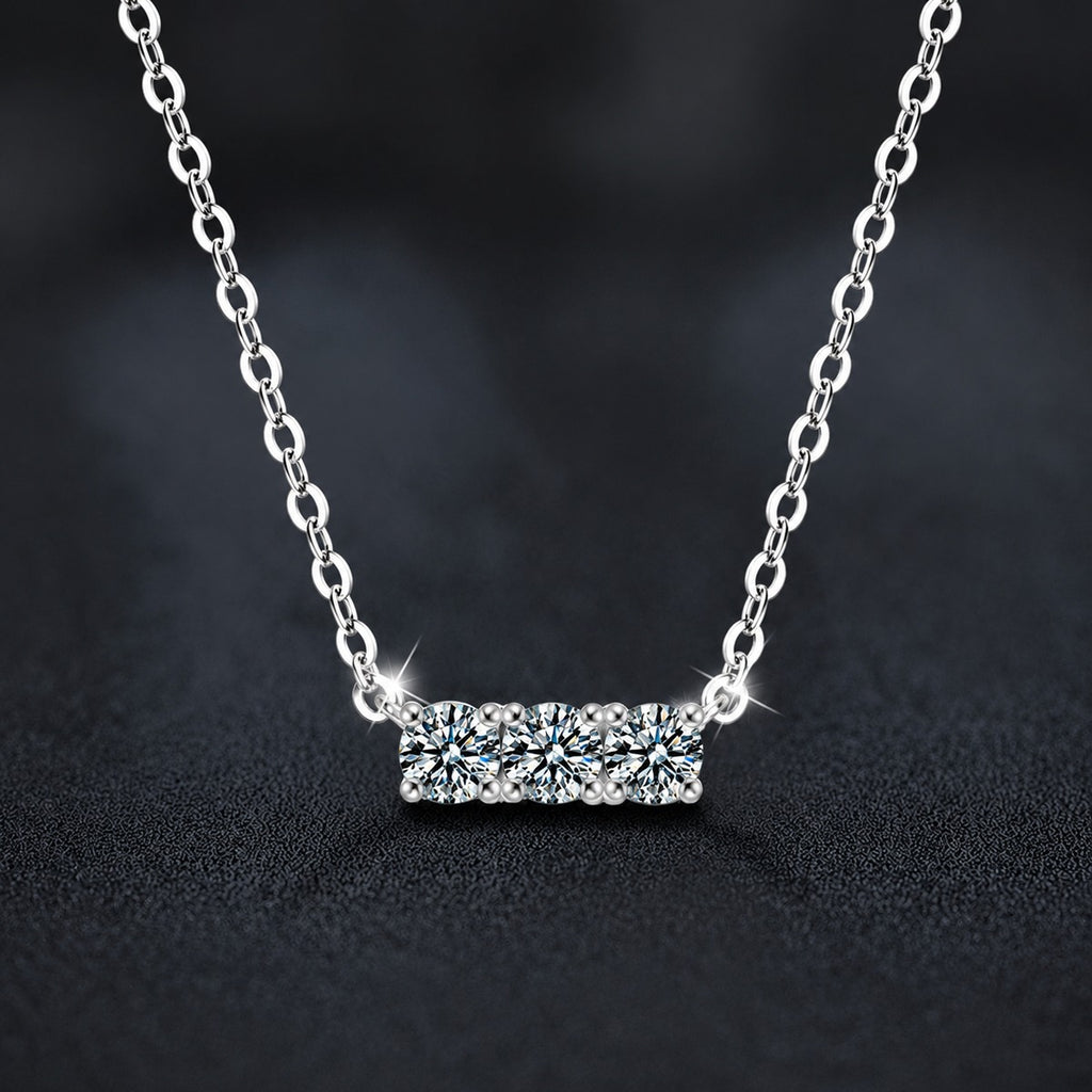 Horizontal Three-Stone Moissanite Bar Necklace in Gold-Plated S925 sterling silver close-up product scene showing pendant setting